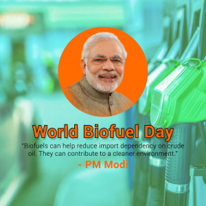Image of Prime Minister Narendra Modi with the text 'World Biofuel Day' and a quote about biofuels.