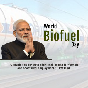 Prime Minister Narendra Modi with the World Biofuel Day banner.