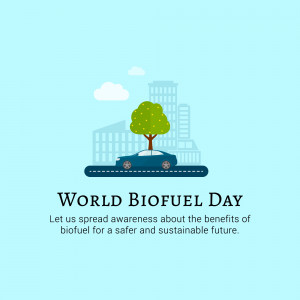 Illustration depicting a car driving towards a city skyline with a tree, celebrating World Biofuel Day.
