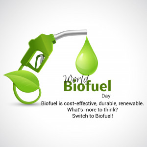 Image depicting a green fuel pump nozzle with a droplet and leaf, promoting World Biofuel Day.