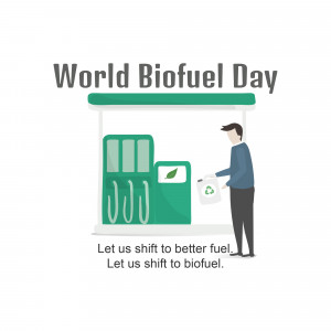 Illustration depicting a man fueling a car with biofuel at a green gas station, celebrating World Biofuel Day.