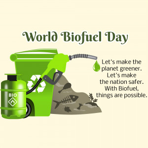 Illustration promoting World Biofuel Day with a green fuel pump, recycling symbol, and biofuel container.
