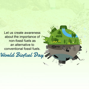 Illustration of a globe half covered in nature and half showing fossil fuel infrastructure, promoting World Biofuel Day.