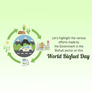 Illustration depicting the biofuel cycle with elements like crops, fuel pump, car, and factory, celebrating World Biofuel Day.