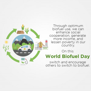 Illustration depicting the benefits of biofuel use with a circular diagram and text.