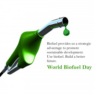 Green fuel nozzle dripping biofuel with text promoting World Biofuel Day and sustainable development.