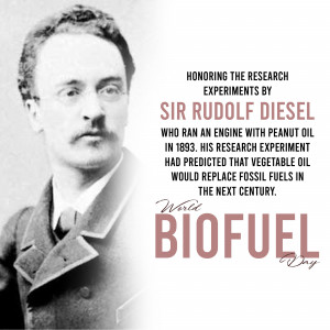 Portrait of Sir Rudolf Diesel with text about his biofuel research.