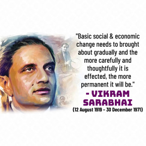 Portrait of Vikram Sarabhai with a quote about social and economic change
