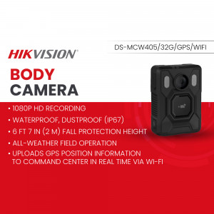 Hikvision DS-MCW405/32G/GPS/WiFi Body Camera with features listed