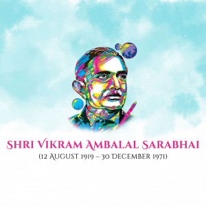 Colorful portrait of Vikram Sarabhai with dates of birth and death