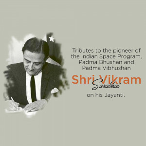 Portrait of Vikram Sarabhai with text commemorating his birth anniversary.