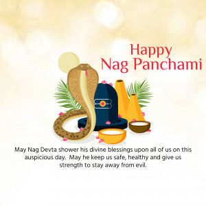 Illustration of a cobra coiled around a shivling with festive decorations for Nag Panchami