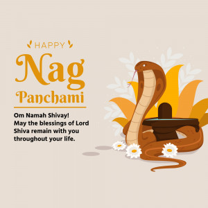 Illustration of a cobra coiled around a shivling with text 'Happy Nag Panchami'