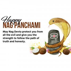 Watercolor illustration of a cobra coiled around a Shiva Lingam with 'Happy Nag Panchami' text.