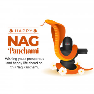 Illustration of a snake coiled around a Shiva Lingam with daisies and text 'Happy Nag Panchami'