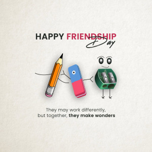 Illustration of a pencil, eraser, and sharpener with faces, celebrating Friendship Day.
