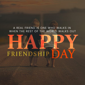 Two young boys walking away on a road with text 'Happy Friendship Day'