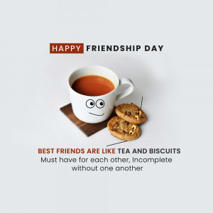 A cup of tea and biscuits with cartoon faces celebrating Friendship Day.