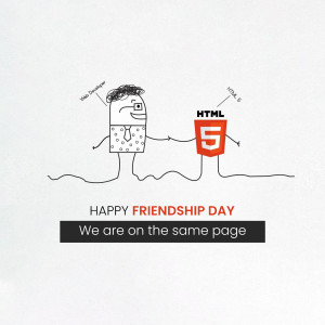 Cartoon illustration of a web developer connected to an HTML5 logo with the text 'Happy Friendship Day'