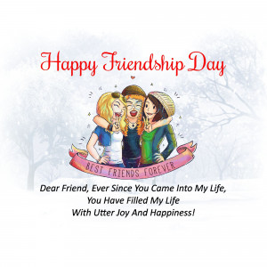 Illustration of three friends hugging with a 'Happy Friendship Day' message.