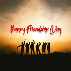 Silhouettes of friends celebrating Friendship Day against a sunset backdrop.