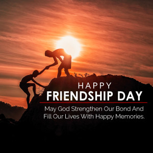 Two silhouetted figures helping each other climb a hill at sunset with 'Happy Friendship Day' text.