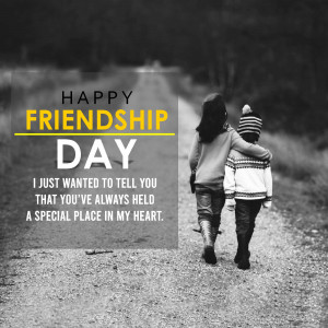 Two children walking away on a road with a Friendship Day message.