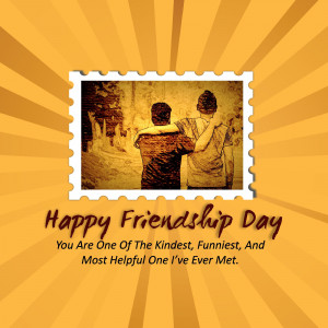 Friendship Day card with two people embracing and a vintage stamp design.