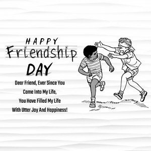 Black and white illustration of two children running, with 'Happy Friendship Day' text.