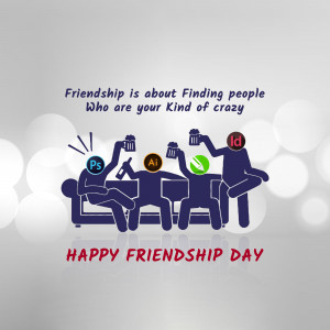 Illustration of friends relaxing on a couch with design software icons, celebrating friendship.