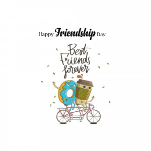 Illustration of a donut and coffee cup riding a tandem bicycle with 'Happy Friendship Day' and 'Best Friends Forever' text.