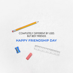 Pencil, sharpener, eraser, and ruler with 'Happy Friendship Day' text