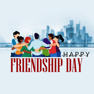 Group of people in a huddle with 'Happy Friendship Day' text