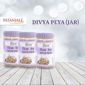 Three jars of Patanjali Divya Peya herbal drink on a wooden surface