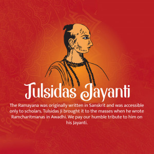 Image commemorating Tulsidas Jayanti with a portrait of Tulsidas and text about his contribution to the Ramayana.