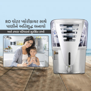 Woman and child drinking water from a RO water purifier