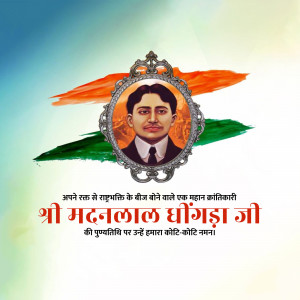 Portrait of Madanlal Dhingra with Indian flag background
