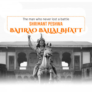 Image of Bajirao Ballal Bhatt on horseback with a quote about his undefeated status.