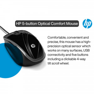 Black HP 5-button optical comfort mouse on a blue background