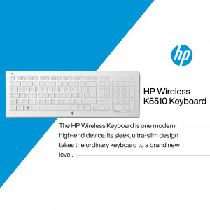 HP K5510 Wireless Keyboard on a two-tone blue and white background