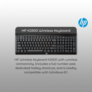 HP K2500 Wireless Keyboard on a light gray background