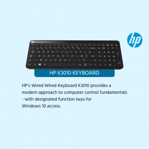 HP K3010 black wired keyboard on a light blue background
