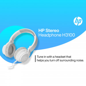 White HP Stereo Headphone H3100 on a blue background
