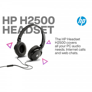 Black HP H2500 headset on a white background with graphic elements.