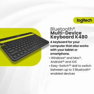 Logitech K480 Bluetooth Multi-Device Keyboard on a light green background