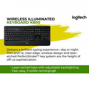 Logitech K800 Wireless Illuminated Keyboard - Black