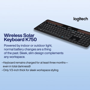 Logitech K750 Wireless Solar Keyboard on a blue gradient background