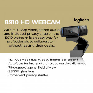 Logitech B910 HD Webcam product shot with features listed