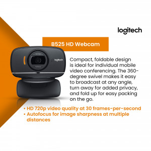 Logitech B525 HD Webcam - Compact and foldable design for video conferencing