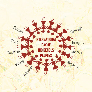 Graphic depicting people holding hands in a circle with words representing values surrounding the International Day of Indigenous Peoples.